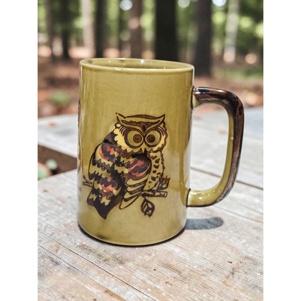 Vintage Owl Mug Cup Otagiri Speckled Stoneware MCM Olive Green & Brown Owl
